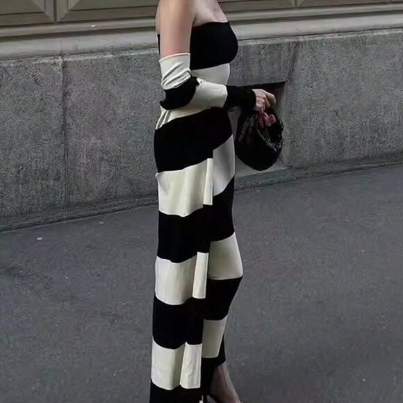 Black And White Elegant Women's Knit Mix British Style Black & White Striped Lon - Picture 1 of 3